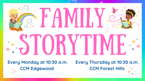 Family storytime logo with rainbow border