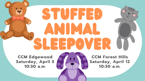 Stuffed animals around Sleepover logo and dates