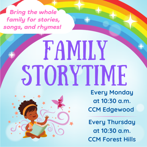 Family Storytime Logo: child with dark skin sits reading a book underneath a rainbow