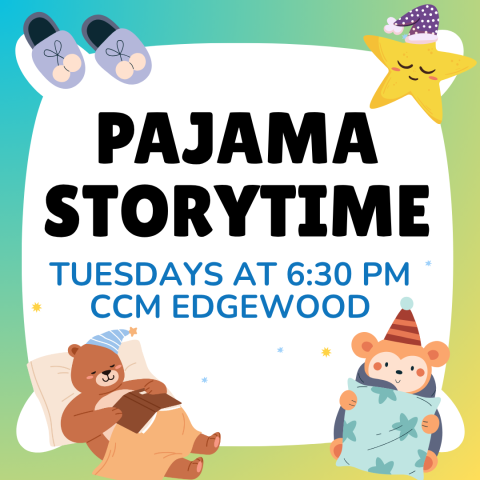 Pajama Storytime logo: a sleepy star and bears curl up with pillows and night caps.