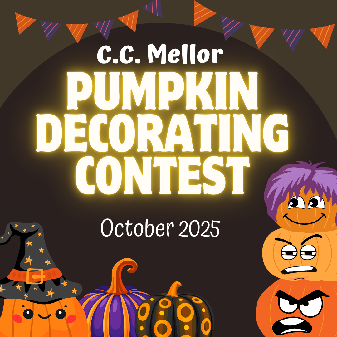 C.C. Mellor Pumpkin Decorating Contest October 2025: pumpkins with silly faces and hats on a black background